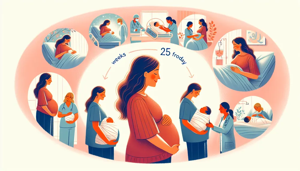 Illustration of the stages of motherhood with a calendar marking 25 weeks from today.