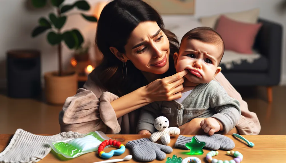 teething baby with soothing items and caring mom