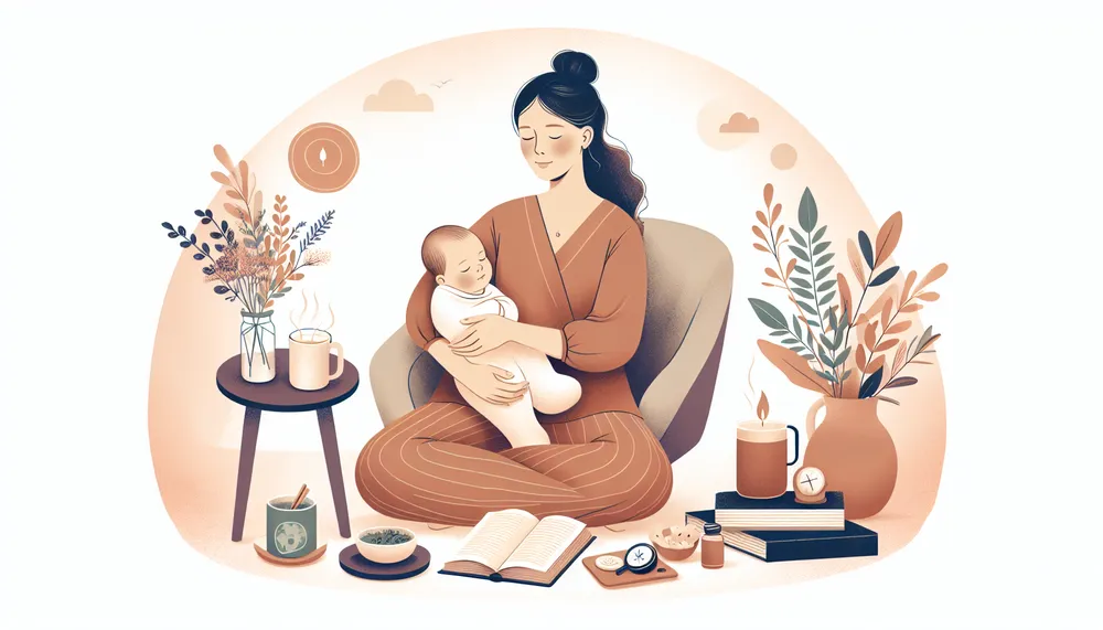 a comforting and warm illustration showing postpartum self-care for a mother