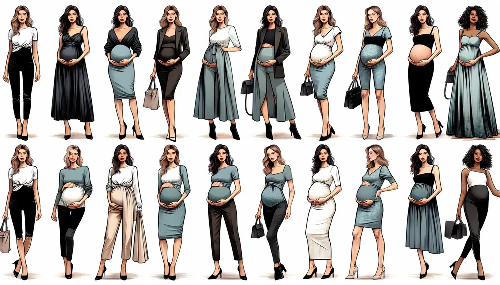 A collage of maternity clothing trends, showcasing various styles for moms