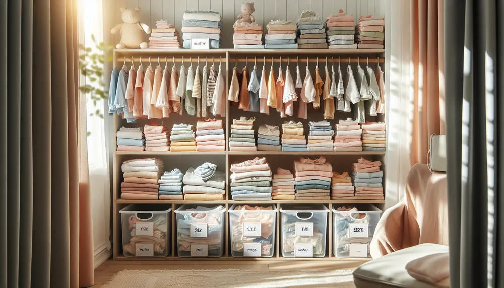 organized baby clothes in a nursery with labels