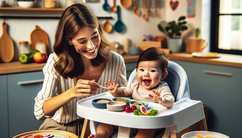 Mother introducing solid foods to baby in a warm, nurturing kitchen environment