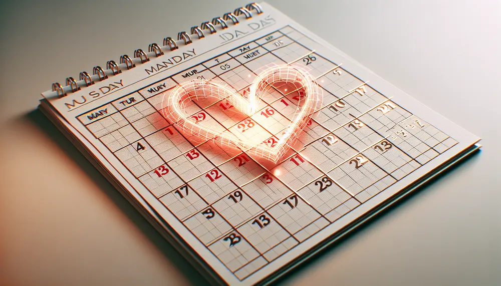 A calendar with a heart marking a special date, symbolizing a due date.