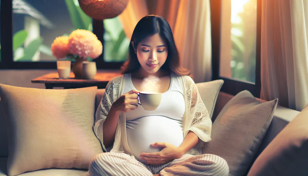 A comforting illustration of a pregnant mother enjoying a warm beverage in a cozy environment, symbolizing the debate about pregnancy and coffee consumption