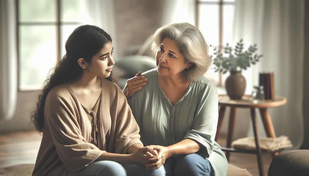 a compassionate elder sister offering advice and comfort to a mom facing challenges, in a gentle and soothing environment