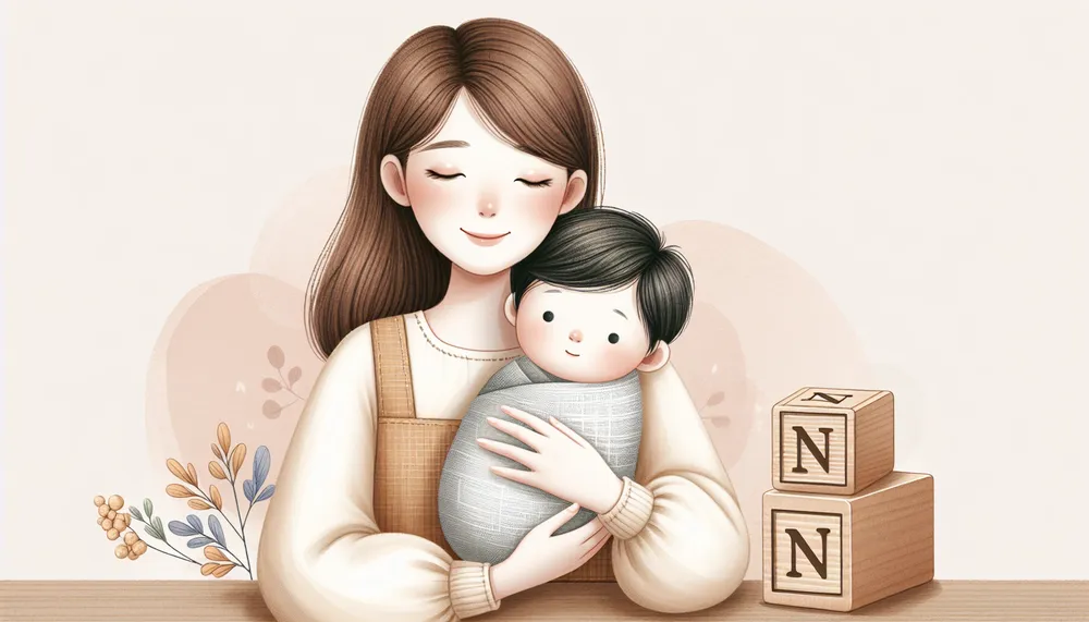 a gentle and nurturing representation of motherhood with a subtle reference to parenting boys named with 'N'