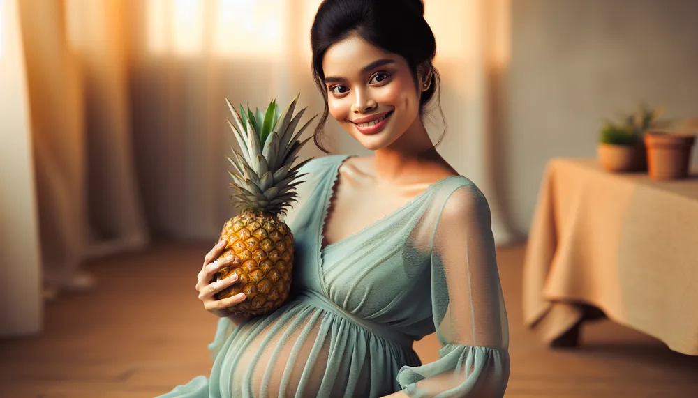 A healthy pregnant woman smiling and holding a pineapple, with a gentle and nurturing vibe