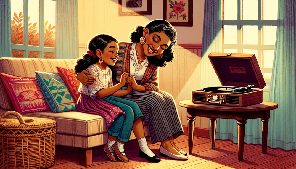 a heartwarming illustration of a mother and daughter listening to music together