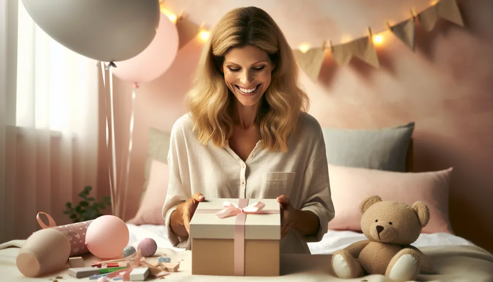 a mother opening a gift box with a joyful expression, surrounded by subtle elements of celebration and motherhood