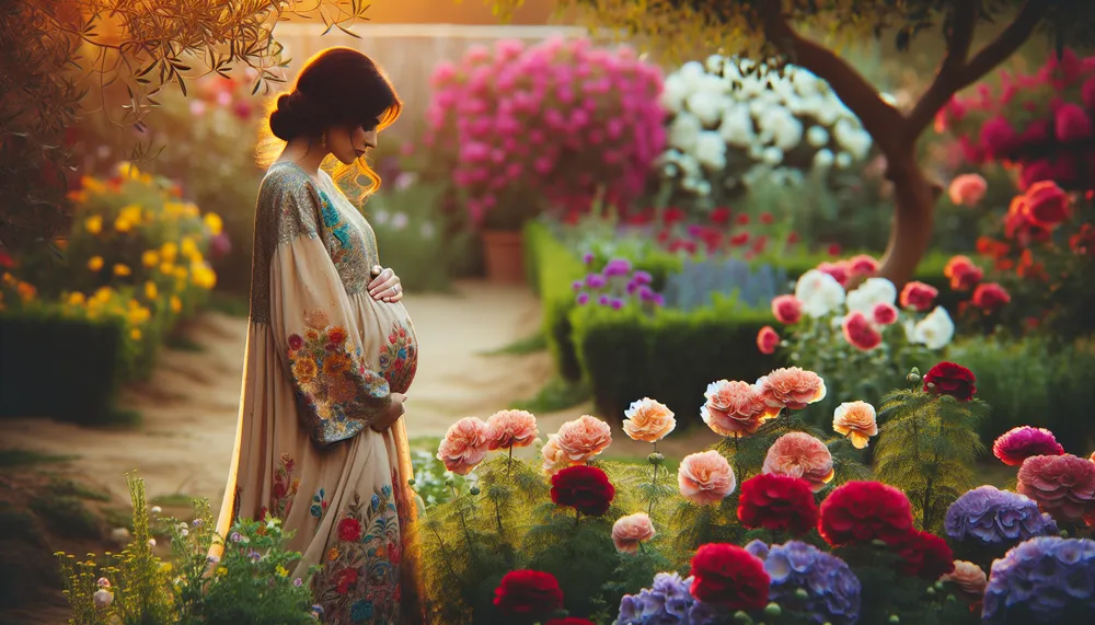 Illustration of a pregnant woman surrounded by blooming flowers, depicting the concept of health and safety during pregnancy.