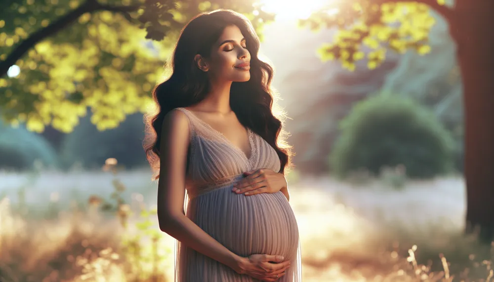 A serene image capturing the essence of motherhood and pregnancy, with harmonious colors and a soothing atmosphere