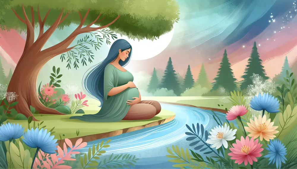 a soothing illustration of a pregnant mother in a serene environment, reflecting positive emotions and bonding with her unborn child