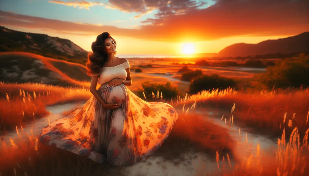 A stunning location for maternity pictures with a beautiful sunset and happy expectant mother