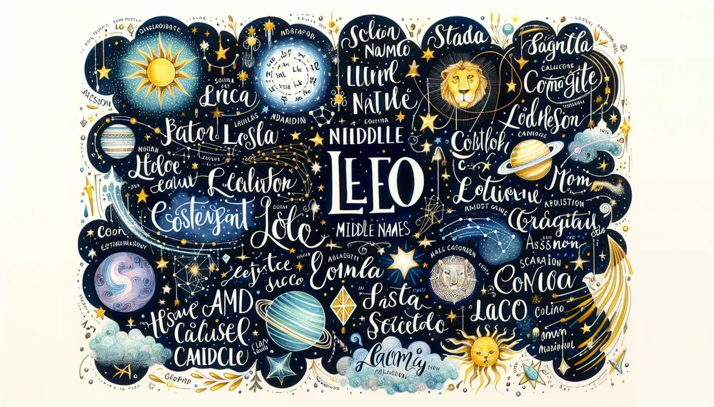 A whimsical illustration featuring various middle names for the name Leo, with celestial and astrological elements.