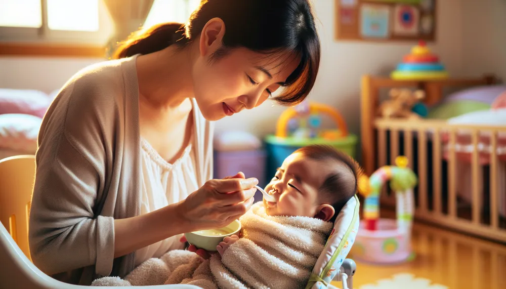 A mother gently feeding her baby solid foods for the first time in a warm, nurturing environment.