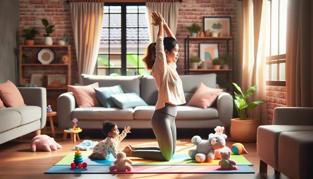 mom doing workout with baby in a friendly and warm home environment