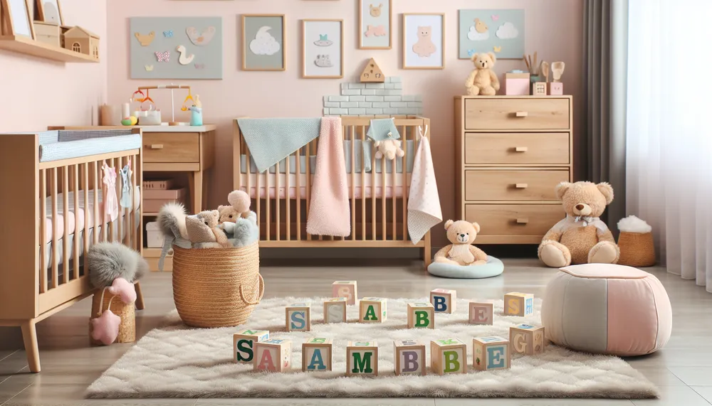 Baby nursery room with alphabet blocks spelling names starting with 'sa'