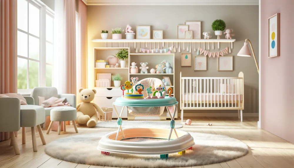 baby walker in a bright and cheerful nursery room