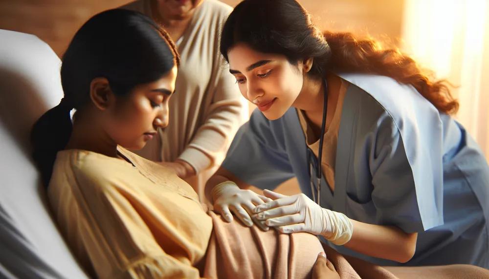 Midwifery care with a compassionate and gentle touch, depicting a midwife assisting a mother, warm and soothing colors