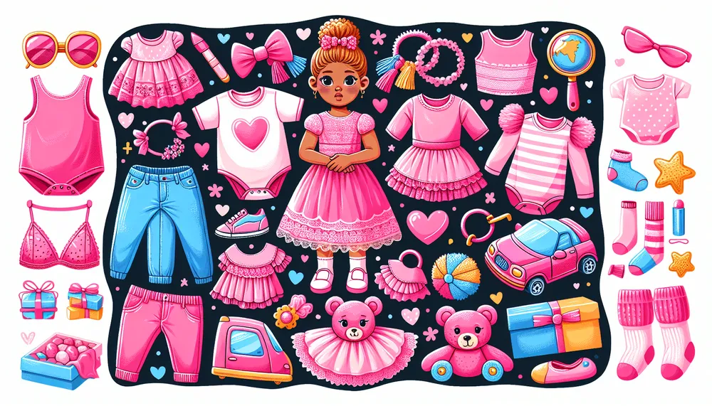 colorful illustration depicting the use of pink in children's fashion and toys