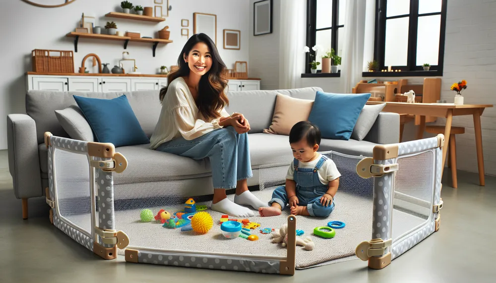 a cozy and safe babyproofed living room with visible safety features and happy, relaxed mother