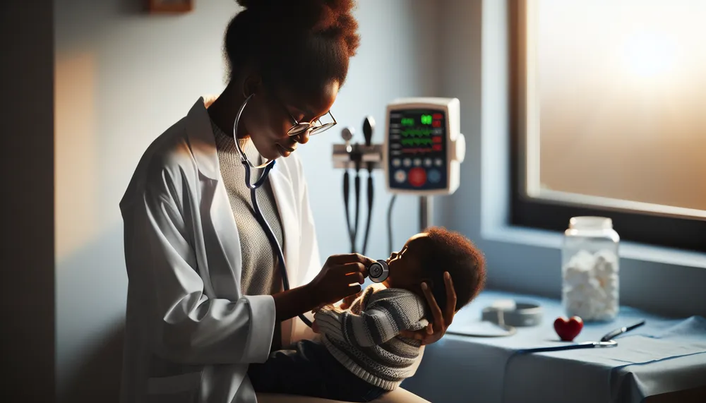 tender moments between a mother and her baby during a health checkup, full of warmth and care, with medical equipment in the background