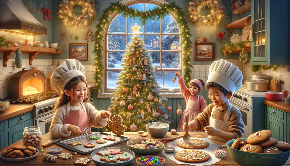 Kid-friendly Christmas baking scene with festive decorations