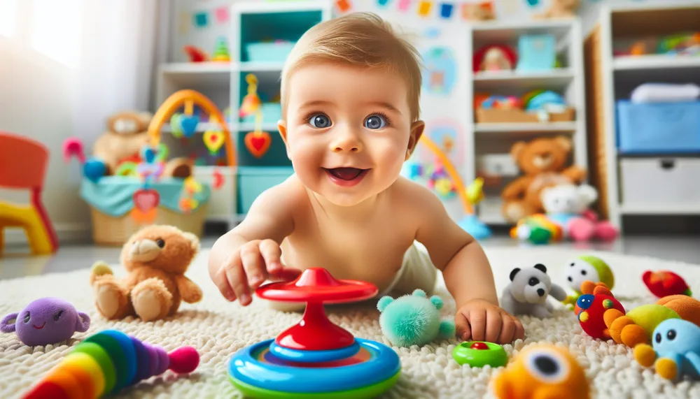 happy naked baby exploring safely in a clean room with colorful toys