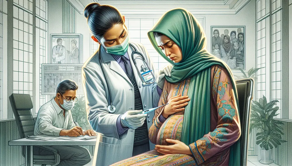 illustration of a caring healthcare provider assisting a pregnant mother with a fever