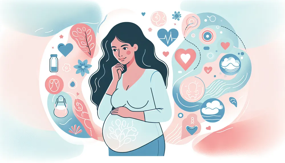 Illustration of a pregnant mother considering breastfeeding, with thoughtful and caring imagery, symbolizing parental care and maternal health.