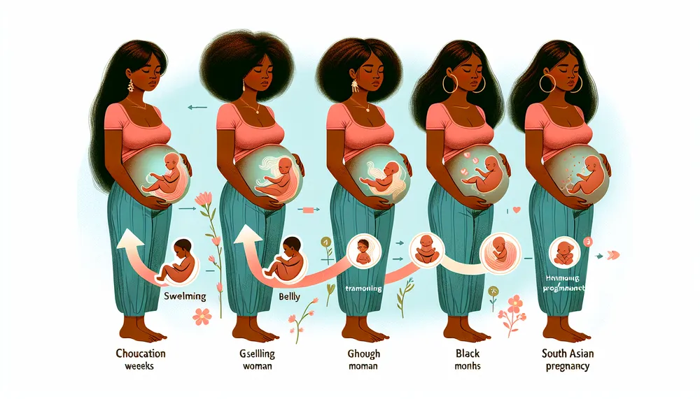 Illustration showing the progression from weeks to months pregnancy.