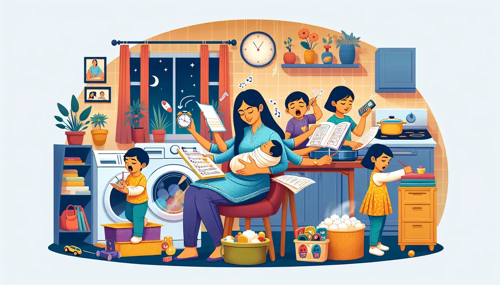 An illustrated image showing concepts of Mom Life Hacks, with a mother efficiently managing various parenting tasks.