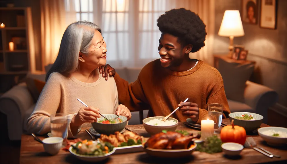 mother and child bonding over dinner, nurturing, positive