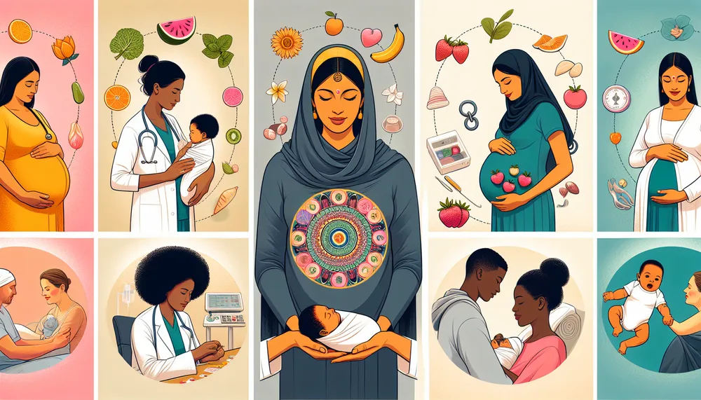 An illustration depicting the concept of mother nutrients including elements of healthy pregnancy, childbirth, and newborn care, representing the journey of motherhood.