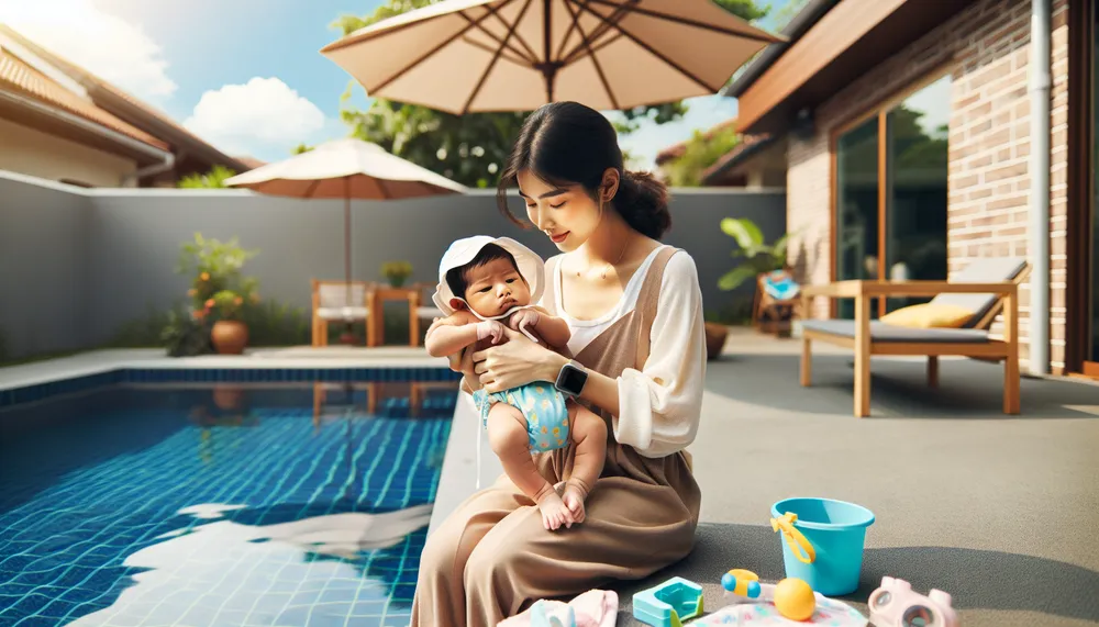 mother with newborn baby preparing for baby's first time in a pool