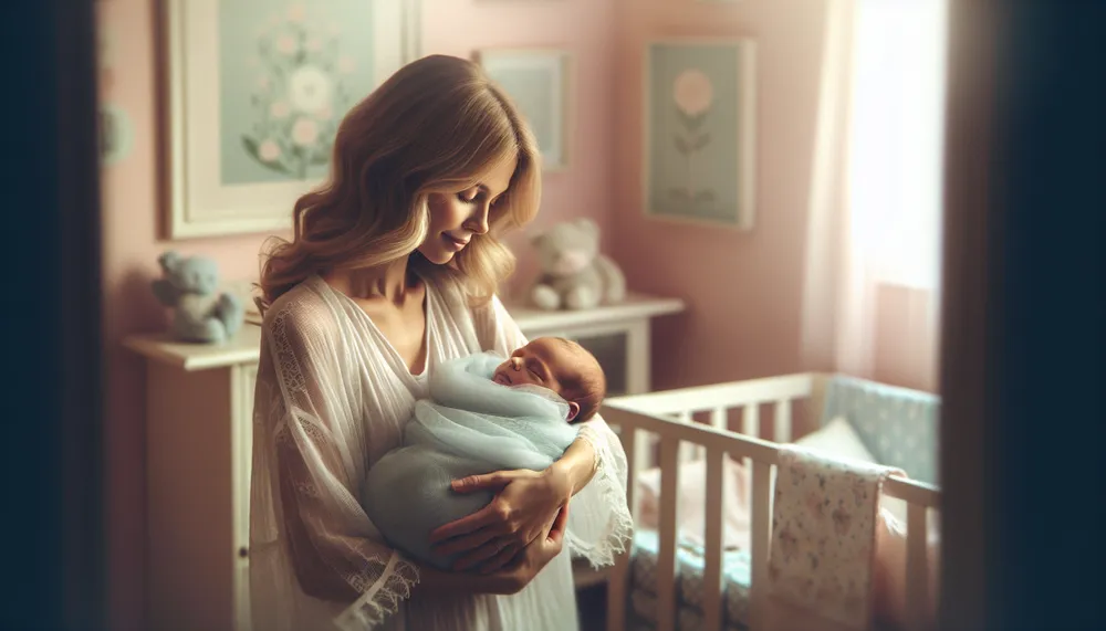 Newborn baby in a mother's arms with a warm and loving atmosphere