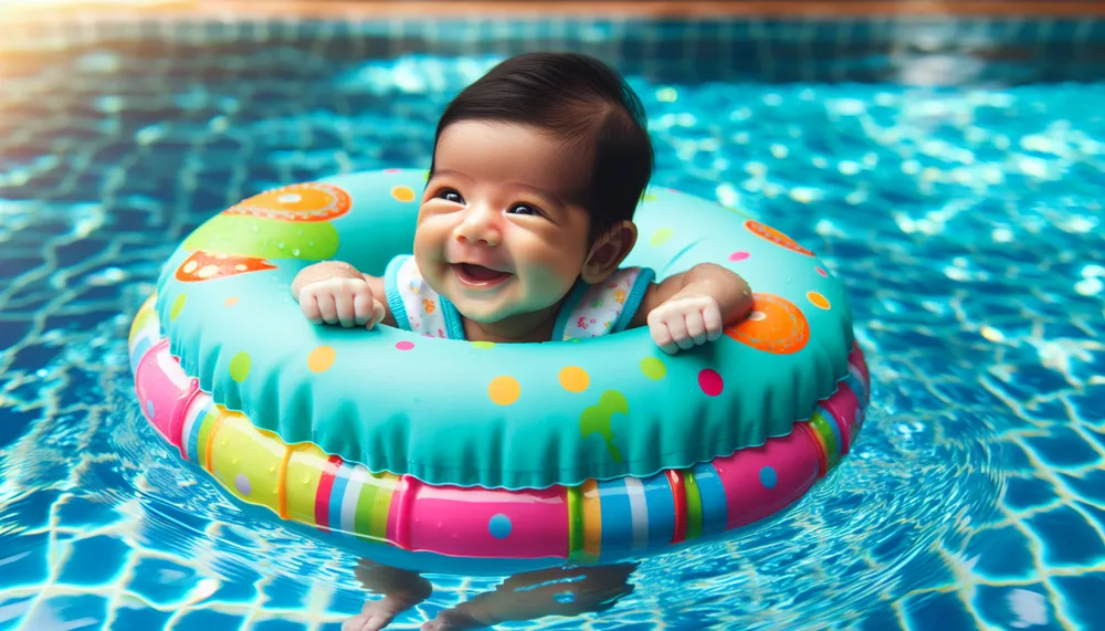 Newborn baby's first time in a swimming pool, joyful and safe