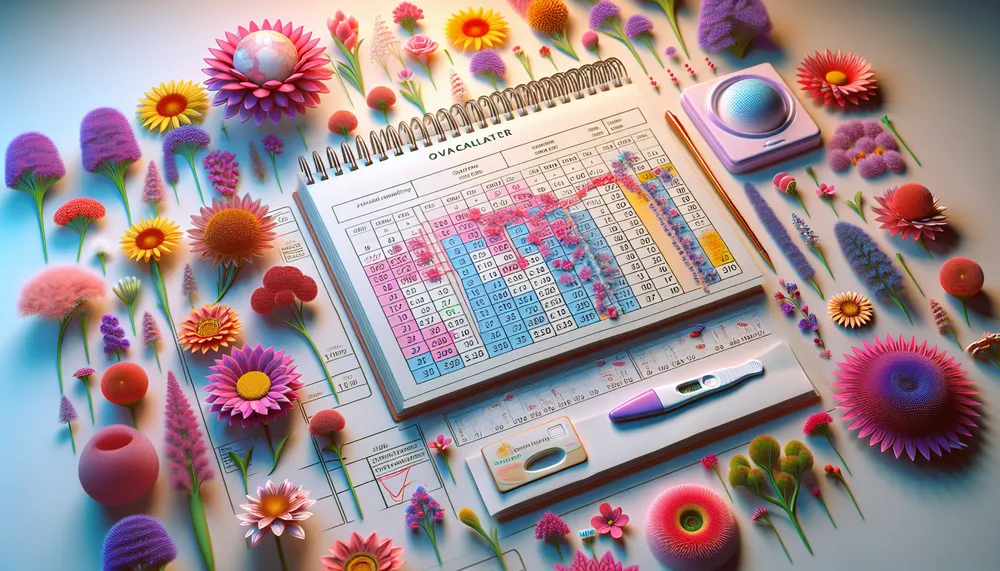 Ovulation calculator concept visualized with a calendar, flowers symbolizing fertility, and pregnancy test