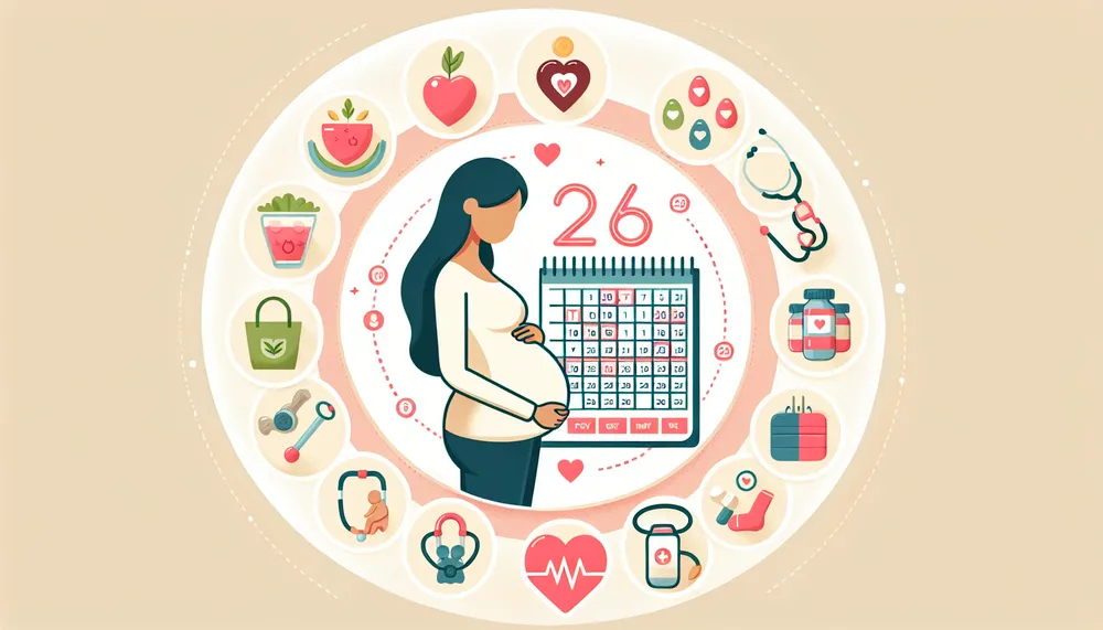 pregnancy journey concept illustrating calendar with 26 weeks marked, expectant mother and baby health