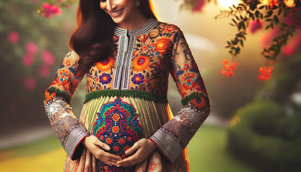 pregnant mother wearing a beautifully designed frock