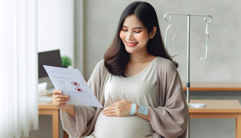 Pregnant woman holding a report indicating blood type