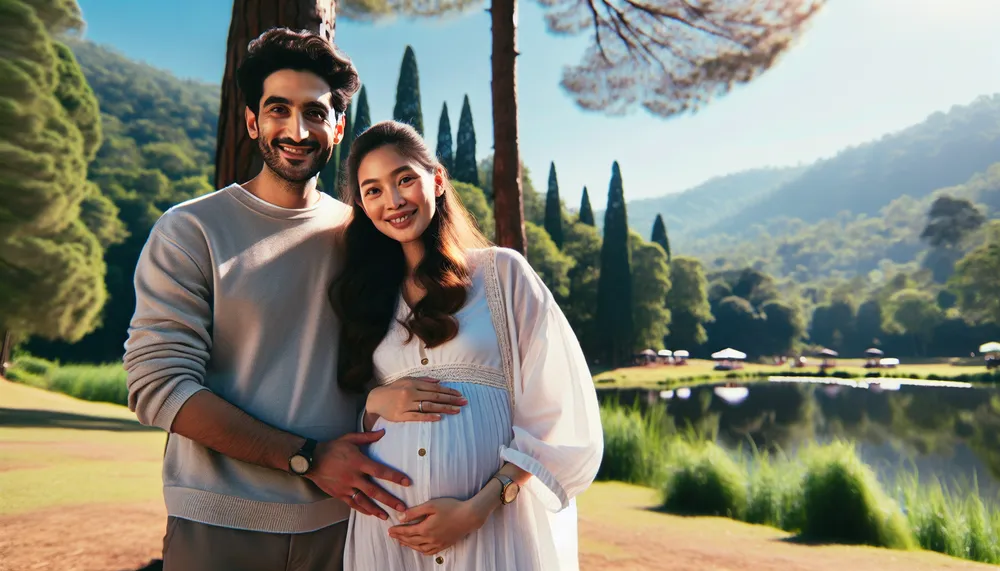 Pregnant woman with husband outdoors in a beautiful natural setting, professional photo shoot