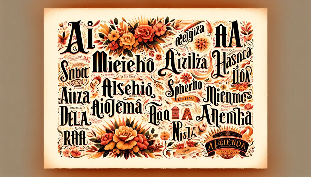 Spanish names ending with the letter 'a' in a beautiful, artistic font, possibly with cultural decorations surrounded by a warm and inviting color palette