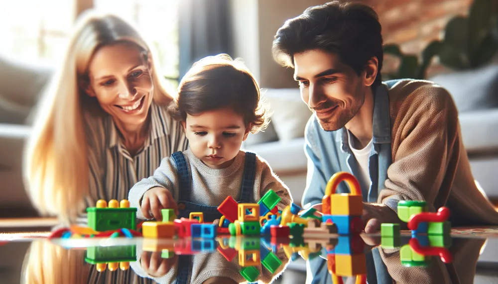 toddler playing with educational toys while mother watches