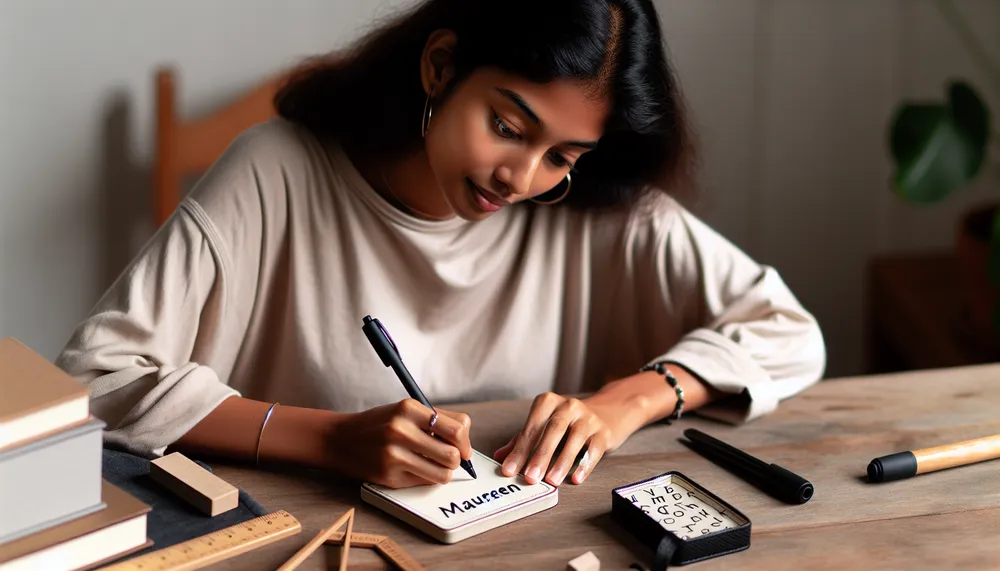 woman writing different spellings of the name Maureen on a notepad